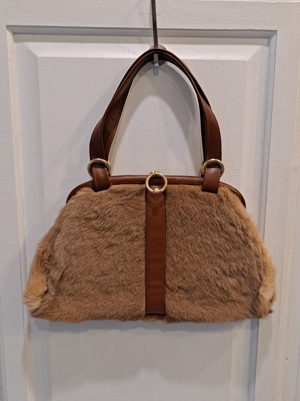 Australian Kangaroo Fur Vintage 70s Handbag Leather Trim Gold Ring Accent